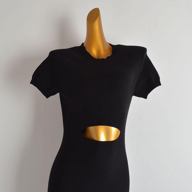 New Arrival Solid Color round Neck Short Sleeves Knitting Dress Women's Clothing Spring/Summer Cut Out Crop Top Mid Length Long Length Bodycon Dress