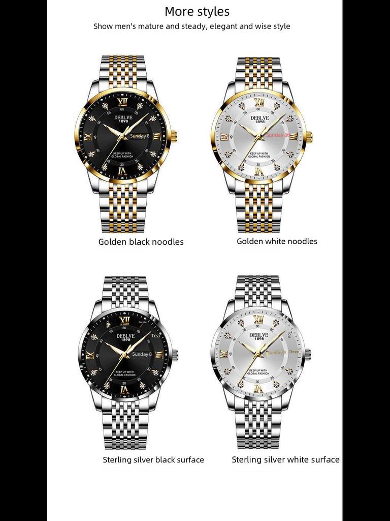 Leuchtende, wasserdichte Modeuhr für Herren mit Doppelkalender und massivem Armband