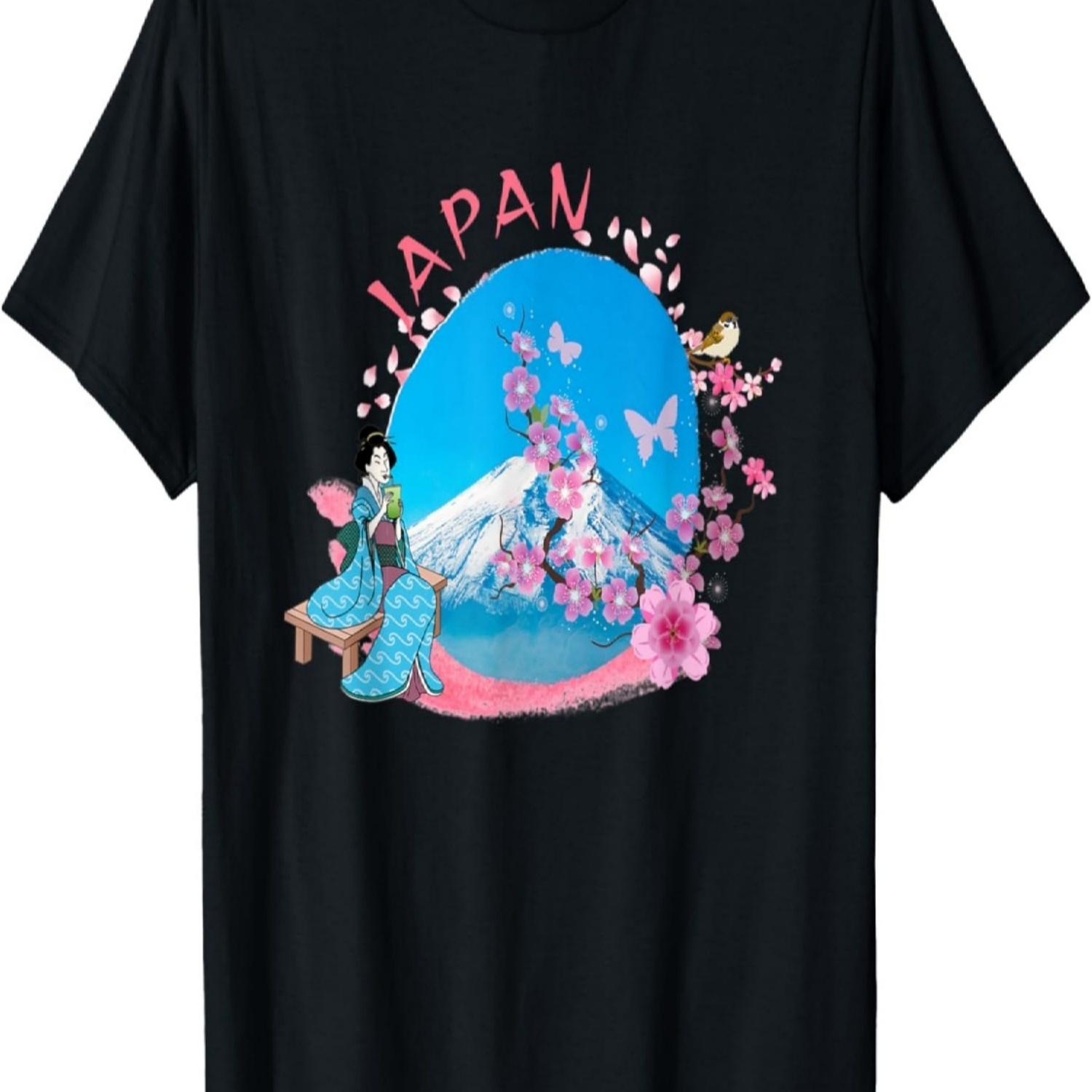 

Japan Volcano Blue Lake Pink Cherry Blossom Geisha T-Shirt S чёрный