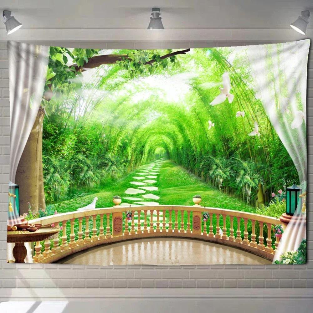 Home decoration natural ecological beach scenery imitation window paper art tapestry background wall room beautiful living room