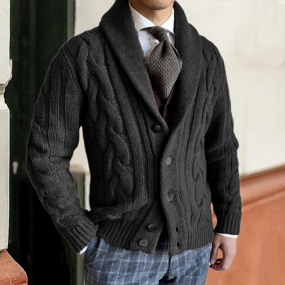 Men Sweater Cardigan Lapel Long Sleeve Twist Texture Button Closure Solid Color Knitting Coat Loose Fit Casual Outerwear