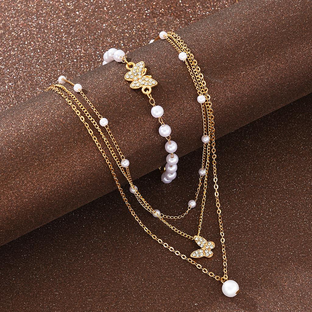 New 2Pcs Pearl Zircon Butterfly Bracelet Necklace for Women Fashion Elegant Gold White Color Bracelet Necklace Set Party Jewelry