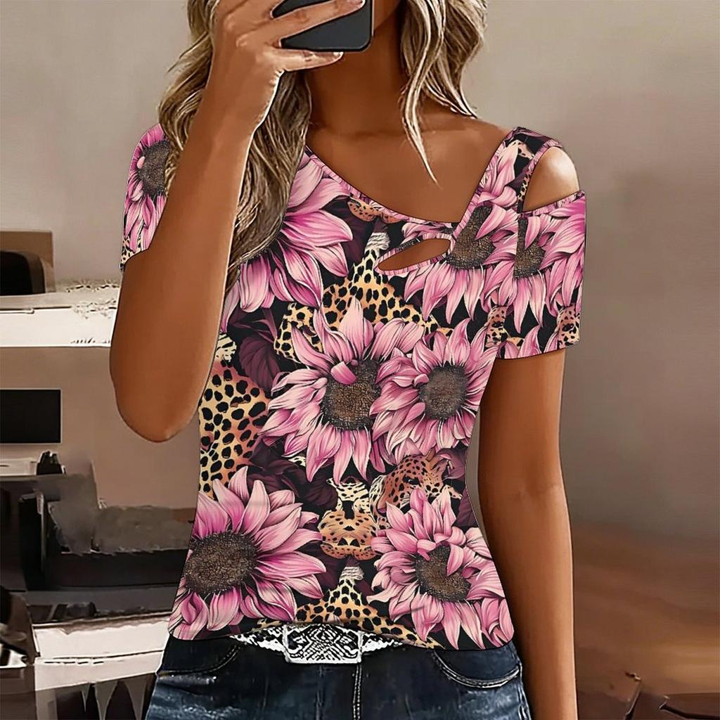 Women Diversified Flowers Print Cold Shoulder Short Sleeve T Shirt Irregular Cutout Neck Casual Summer Blouse Top