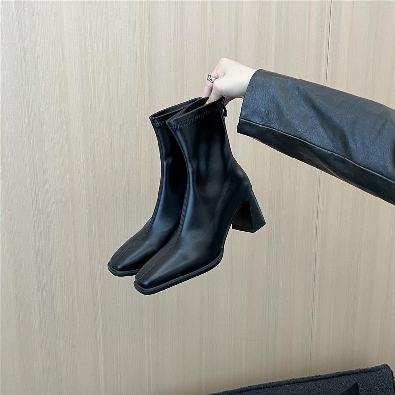 Short Boots Women's High Heel Thick Heel Rear Zipper Square Head Martin Boots Autumn and Winter New Elastic Thin Boots