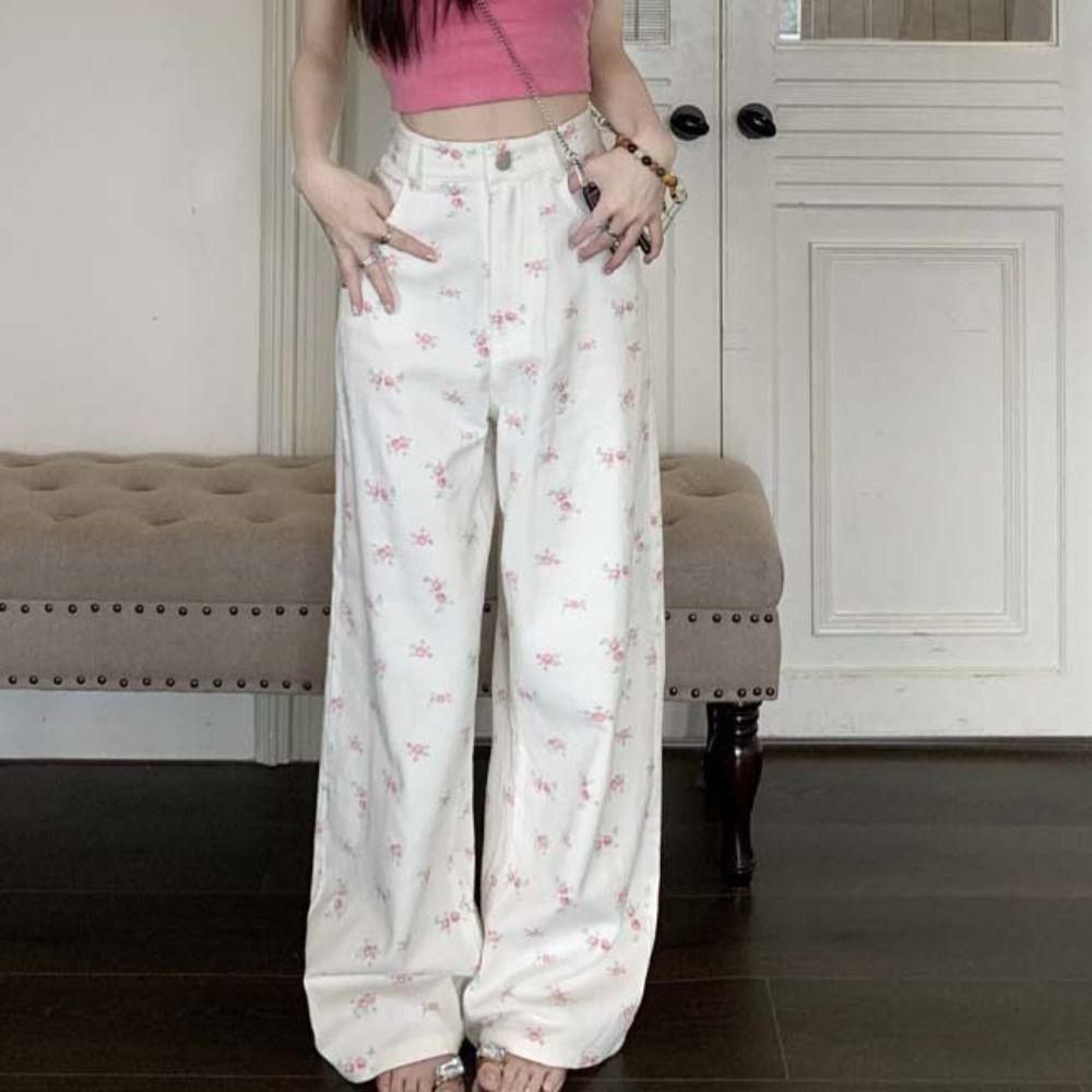 

Long Flower Wide Leg Pants Loose Summer Straight Oversized Pants Party L