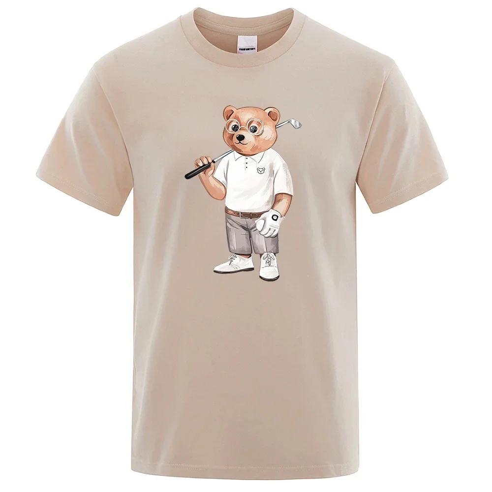 Gentleman Teddy Bear Playing Golf Men T Shirts Summer Cotton Sweat T-Shirts Breathable Loose Clothes Hip Hop Street Short Sleeve