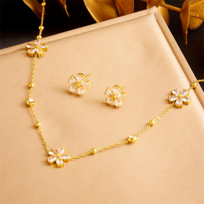 Crystal Daisy Flower Jewelry Clear Necklace Earrings Bracelet Women Stainless Steel Chain Choker Gifts