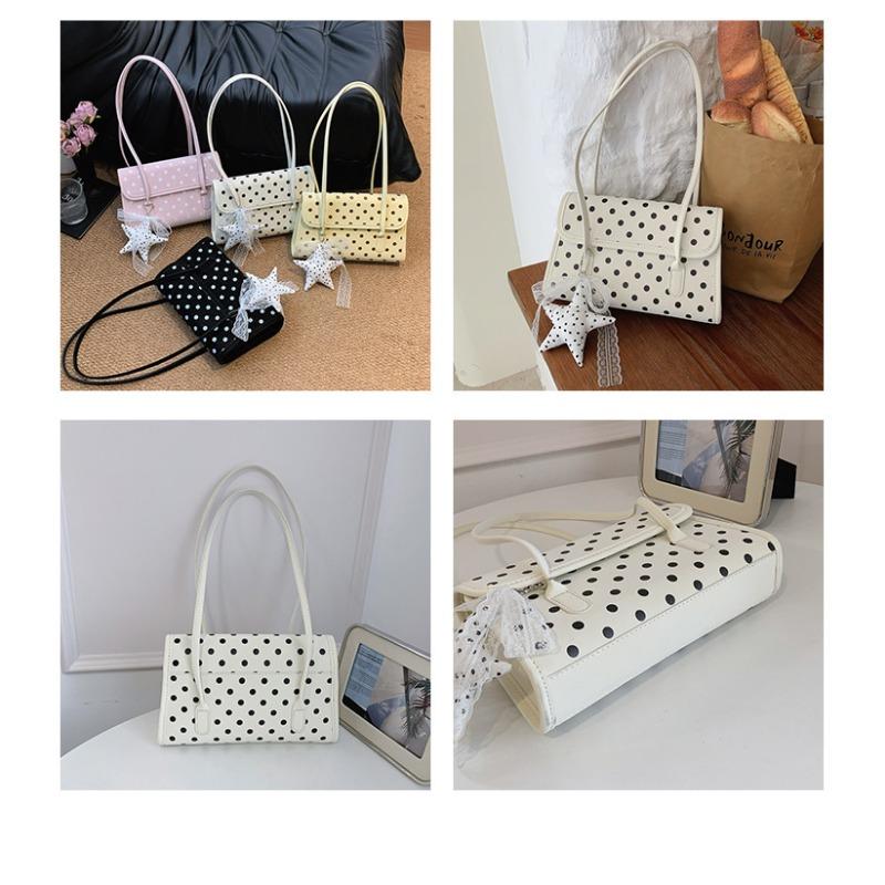 Sweet-style Flap Shoulder Bag, Y2K-inspired Polka Dot Baguette Bag, Underarm Bag with Lace Star Charm, Preppy Everyday Shoulder Bag.