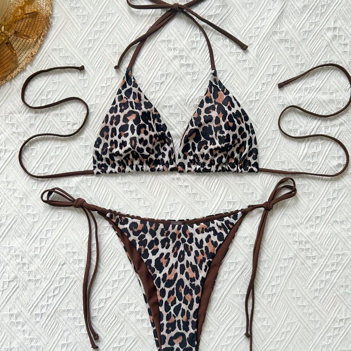 

European & American Cross-Border Leopard Print Backless Bandage Bikini for Women Small