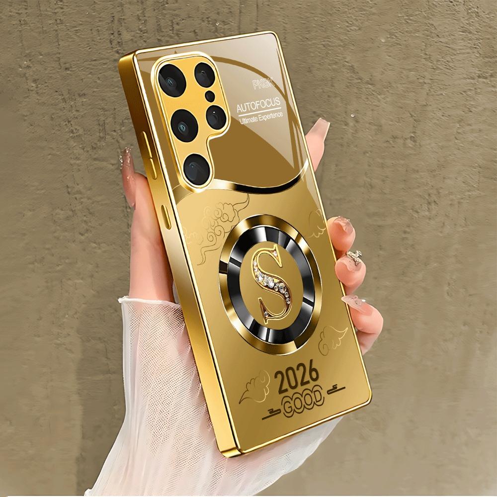 Circular Letter S Pattern Gold Glass Phone Case Suitable for Samsung Galaxy S26 S25 S24 S22 S21 S20 FE Ultra Plus Shockproof