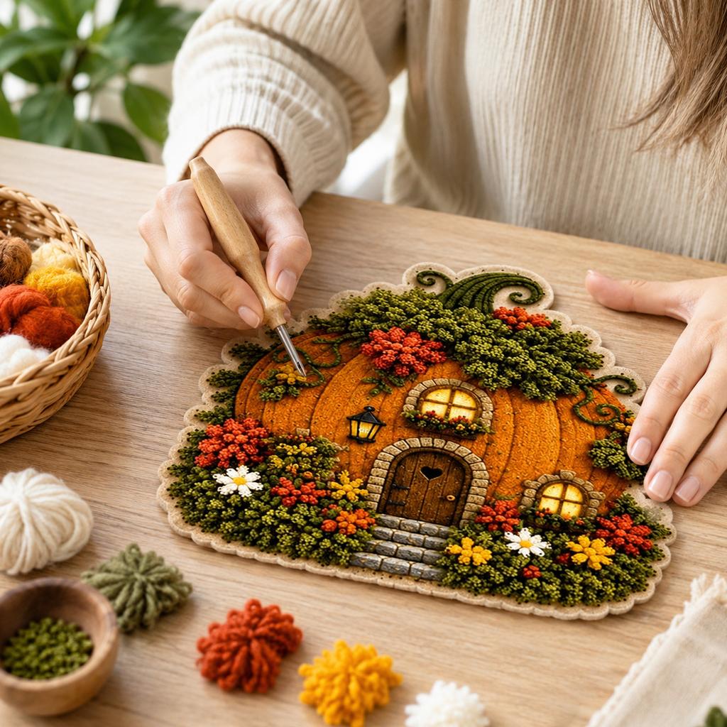 Village 3D Punch Needle Embroidery Kit for Adults Beginners DIY Fabric Set