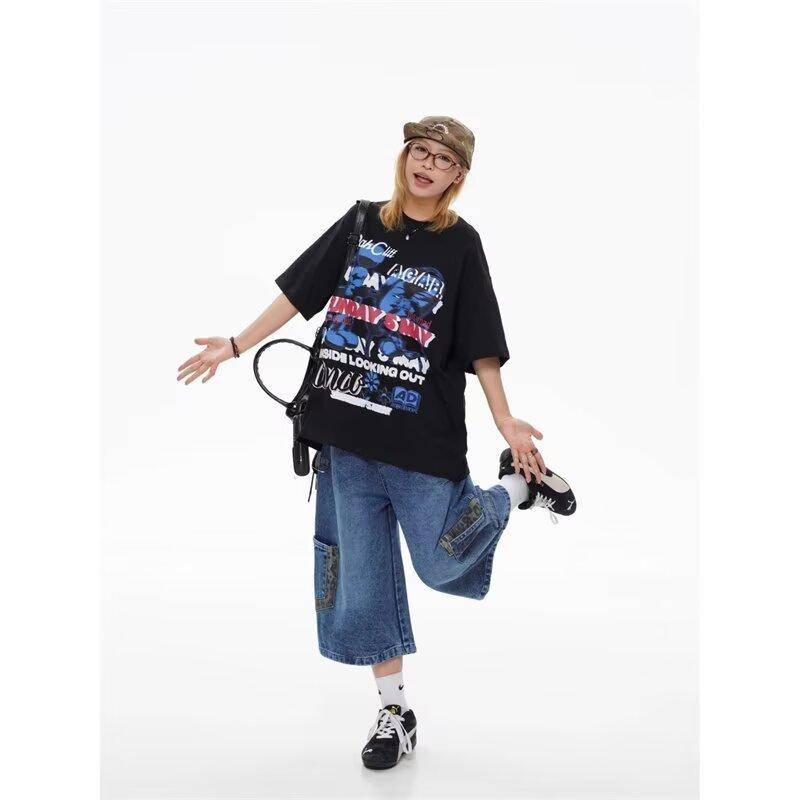 

Джинсы в стиле спецодежды женские летние свободные с большим карманом уличные шорты Харлан брюки-шаровары с широкими штанинами S синий