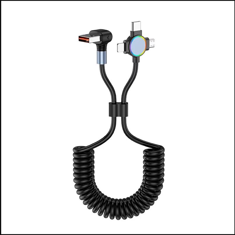 

3-в-1 быстрое зарядное кабельное автомобильное зарядное устройство для телефона с двухсторонним USB-портом и пружинным дизайном для Xiaomi Huawei 1.5m