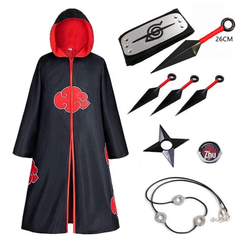 Set pláště Akatsuki s červenými mraky: Obsahuje plášť Naruto, prsten, doplňky čelenky - Ideální pro halloweenský kostým