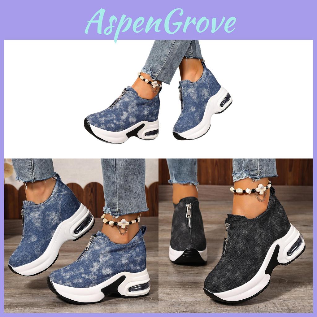 Kadın Sonbahar Yürüyüşleri İçin Fermuarlı Günlük Kot Platform Spor Ayakkabı