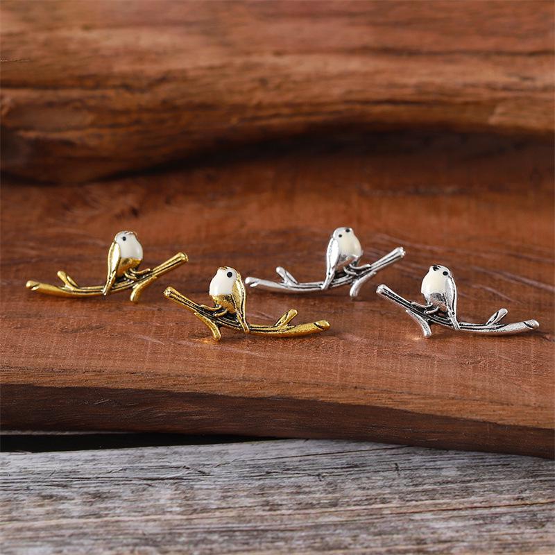 European & American Retro Bird Branch Jewelry Set: Drip Oil Earrings, Ring & Necklace