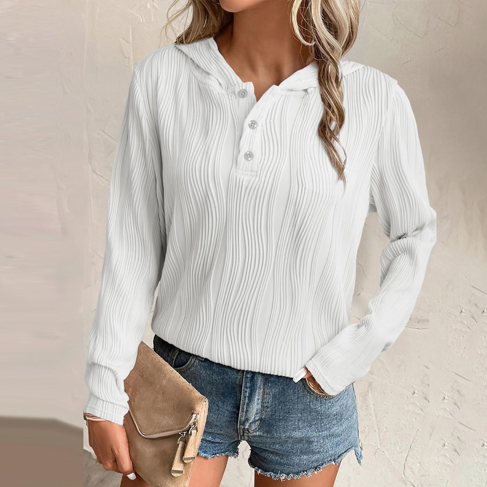 

Женские толстовки с капюшоном, повседневные свободные рубашки с длинным рукавом и v-образным вырезом на пуговицах, топы, пуловеры, осенняя одежда, наряды XL белый