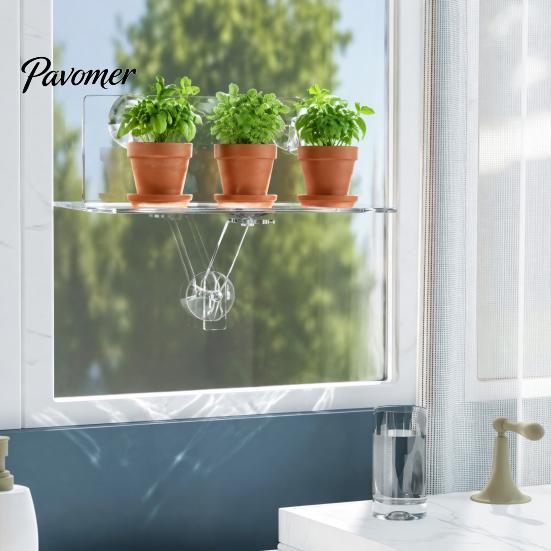 Kitchen Window Herb Stand Sill Plant Shelf with Strong Suction Cups, Clear Acrylic Wall Small Item Display Rack Mounted Floating Ledge, for