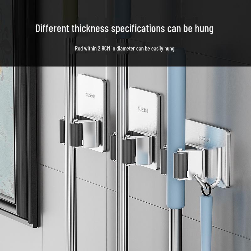 Stainless Steel No-Punch Wall Mount Mop & Broom Holder Clip