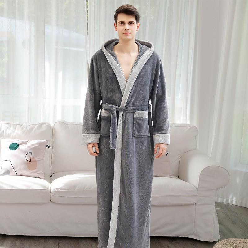 Autumn And Winter Flannel Nightgown Hooded Bathrobe Coral Fleece Men'S Thickened Extended Couple Bathrobe Women
