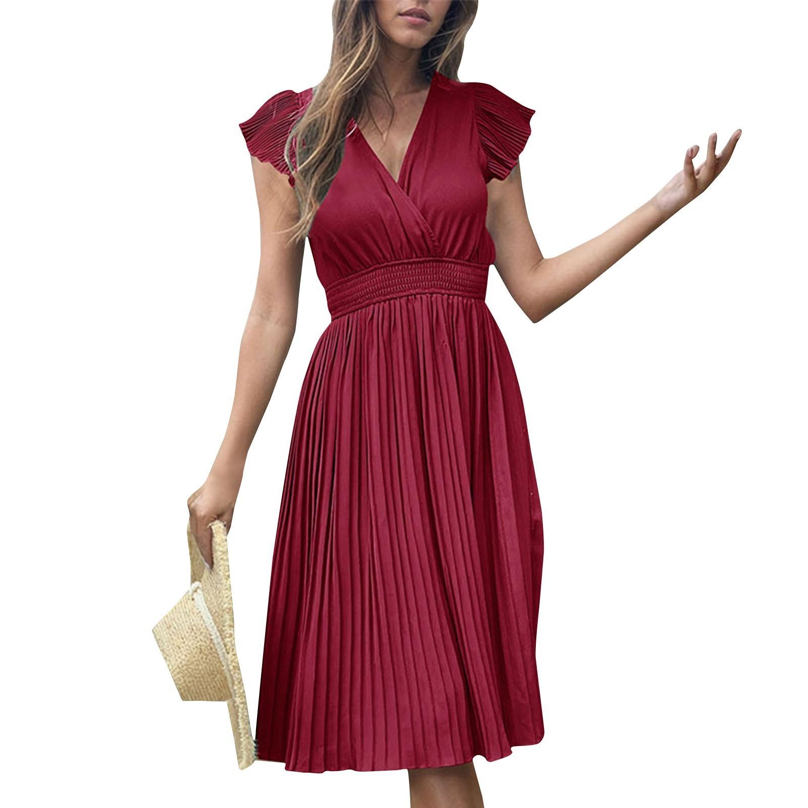 

Женское повседневное свободное и модное плиссированное платье с V-образным вырезом и короткими рукавами, однотонное платье XL винный