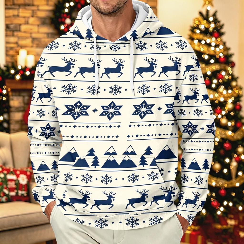 Men's Long Sleeve Christmas Print Pullover Hoodie for Holiday Party and Everyday Wear