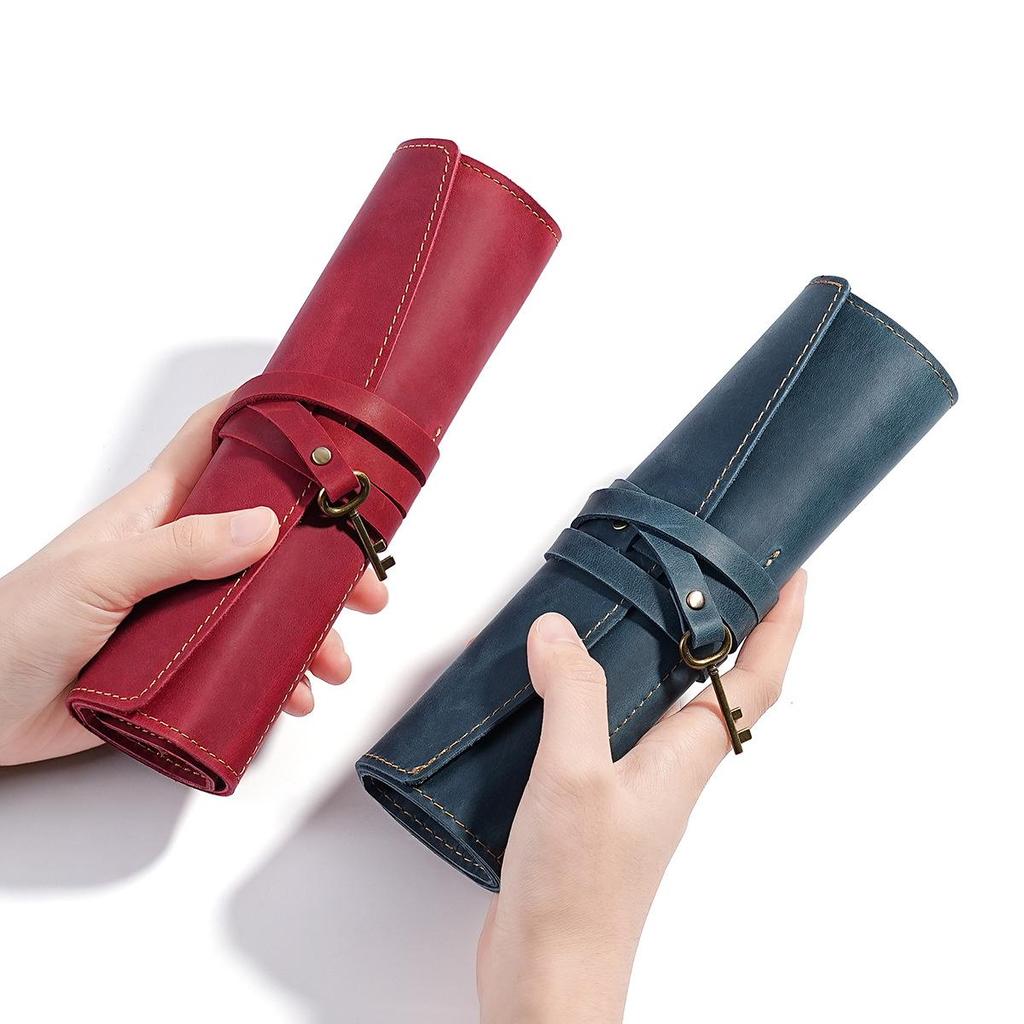 Reise Leder Roll-Up Stiftemäppchen - Crazy Horse Füllfederhalter, Bleistift & Kugelschreiber Halter