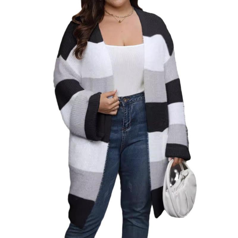 Women S Plus Size Striped V Neck Long Sleeve Knit Cardigan Coat