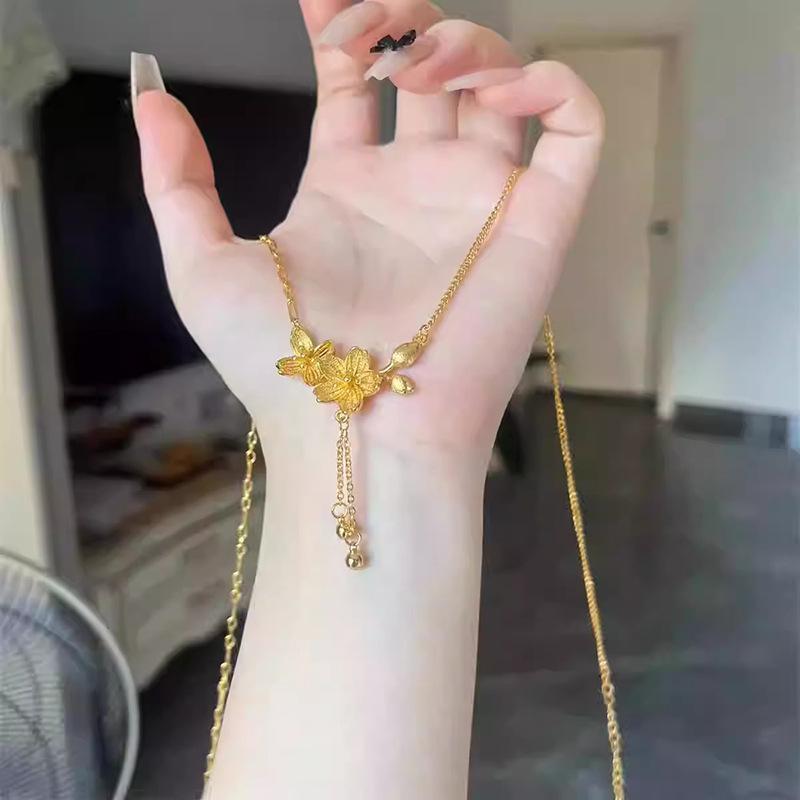 Gold Tassel Double Flower Pendant Layering Necklace for Women Fashion Delicate Casual Daily Elegant