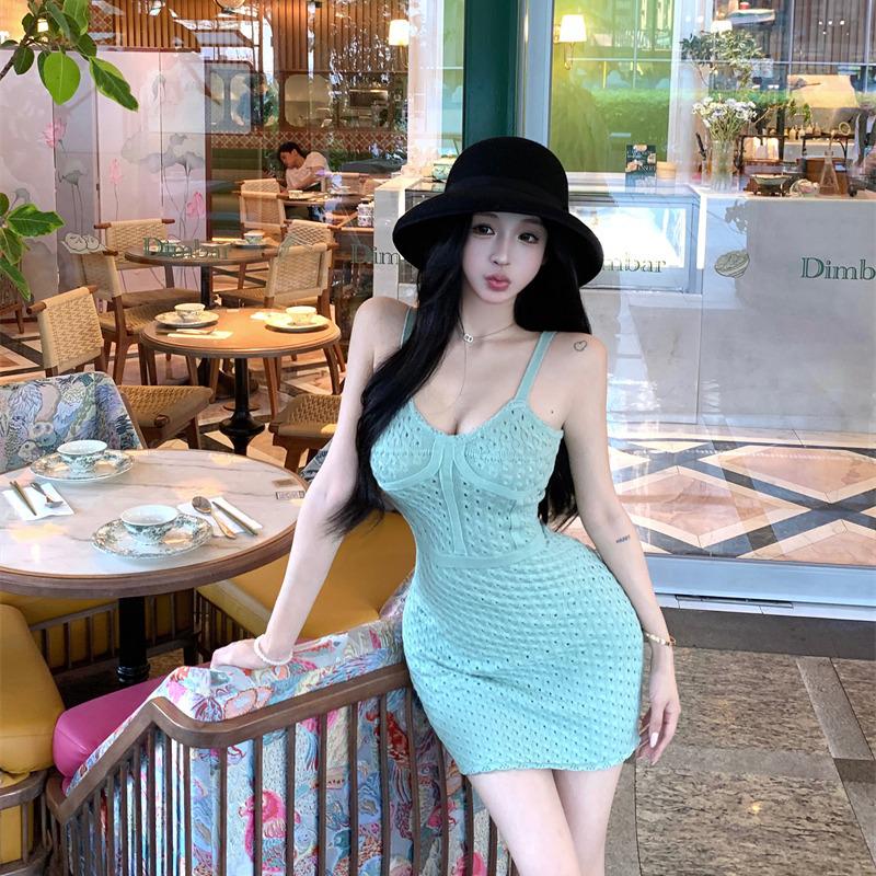 Элегантное облегающее платье-майка из вязаного крючком трикотажа, Изящная и стильная женская одежда One Size зелёный