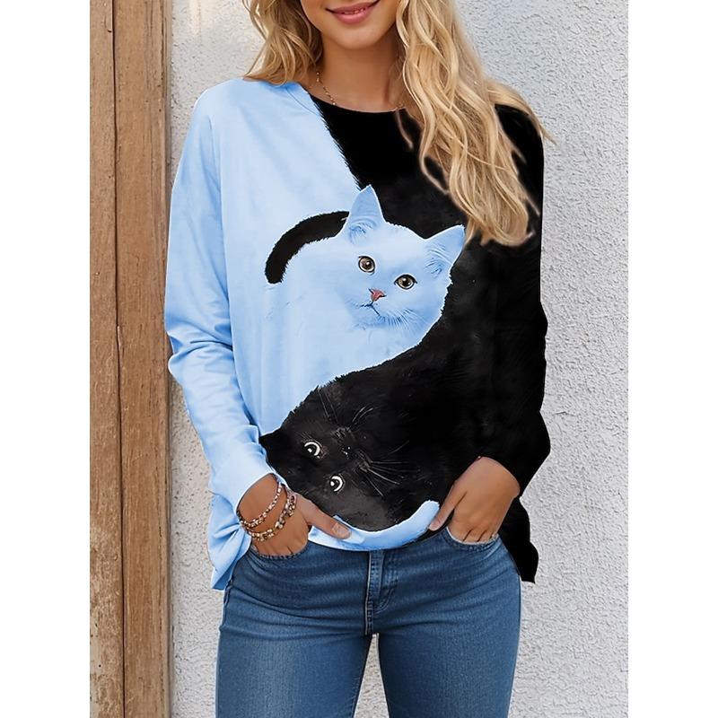 Women's T shirt Tees Color Block Cat Black White Print Long Sleeve Daily Weekend Funny Round Neck Regular Fit Spring