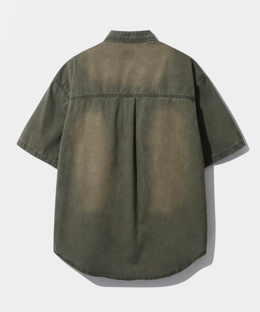Dimiteulibeullaeg Vlad Cutoff Applique Fade Washed Short Sleeve Shirt_Olive