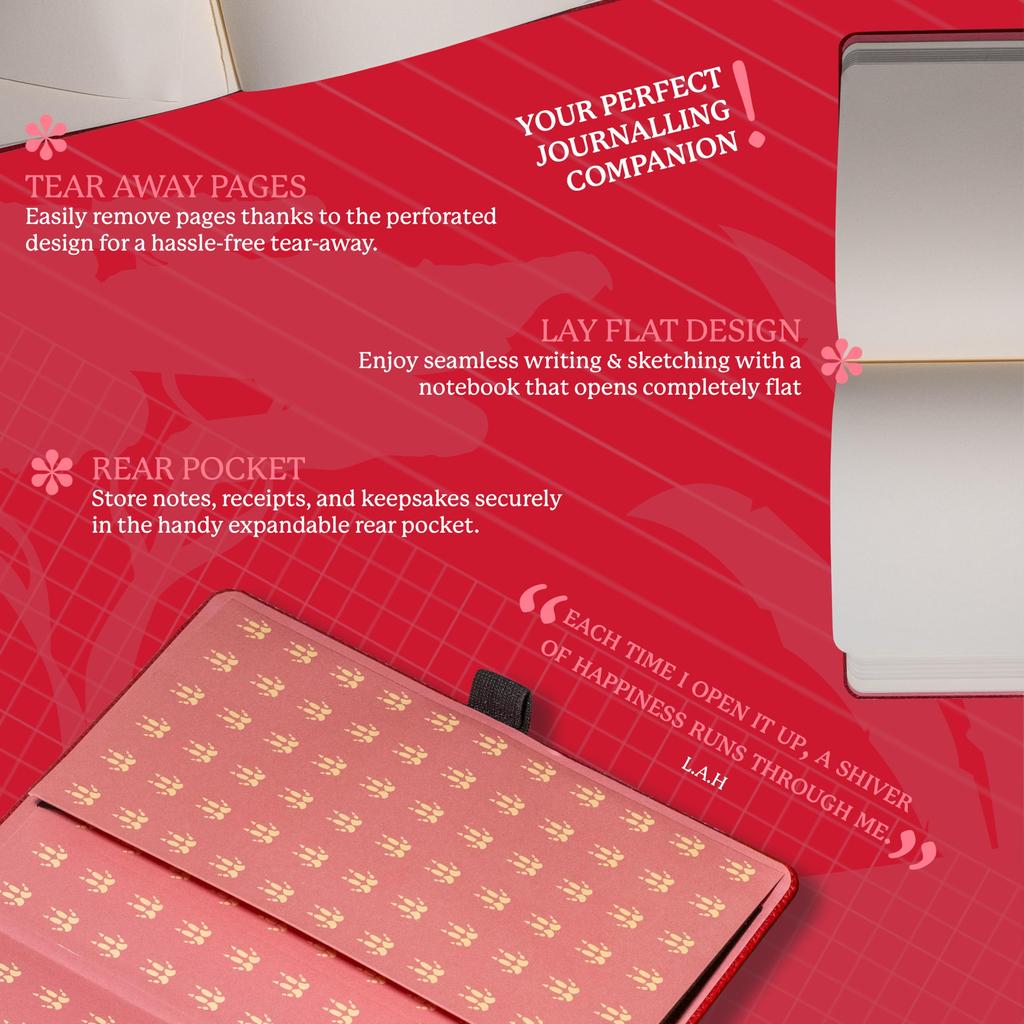 Wildlife Grid Medium Red Hardcover Notebook PU Leather Cream 100gsm Paper Dingbats - Notebook, Kangaroo, A5+ - - - Perforated, Ink-Resistant