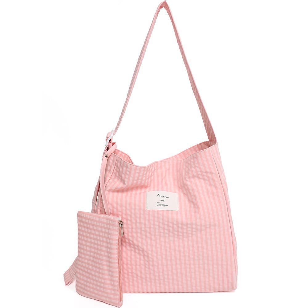 

Spring and summer striped cloth bag large capacity shoulder tote bag college student class messenger bag bucket tote bag розовый