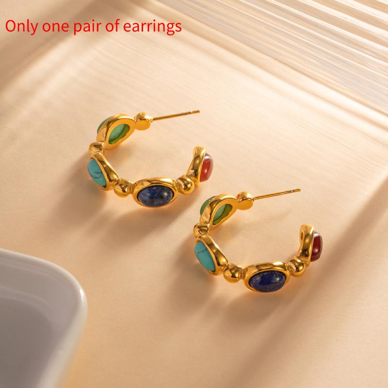 18k Gold Plating Stainless Steel Inlaid Natural Stone Cshaped Gift Earrings