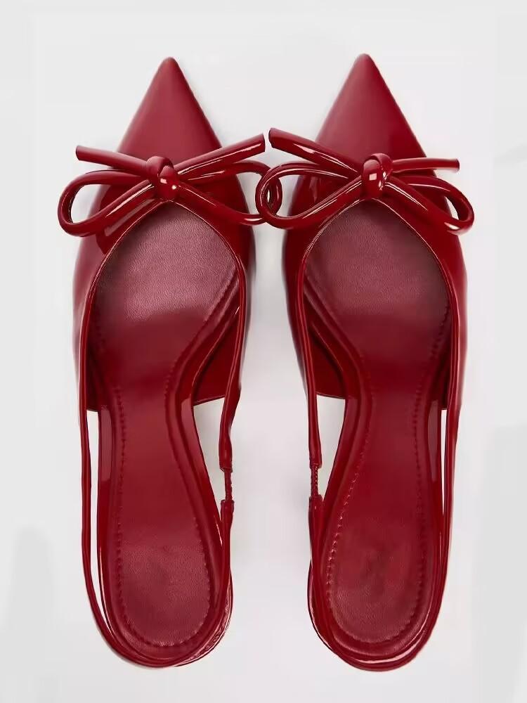 2025 spring and summer new solid color bag head bow thin heel pointed fashion high heel sandals European and American foreign trade women's shoes