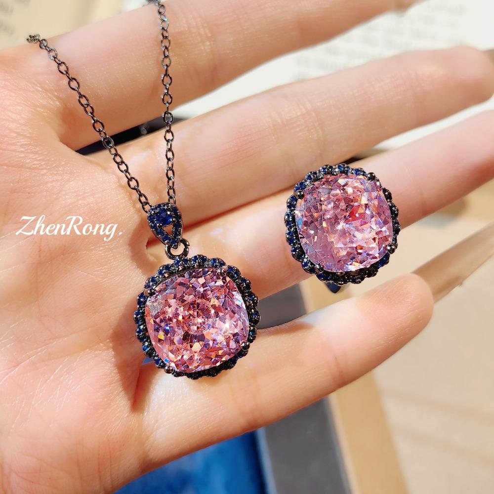 

Women Dark Style Jewelry Set Square Pink Diamond Black Gold Ring Necklace High Carbon Gem Fashion Accessory