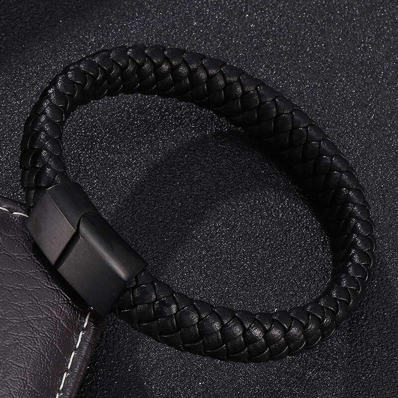 Punk Men Bracelet Bangles Black Brown Leather Bracelet Male Stainless Steel Clasp Fashion Wristband Gift