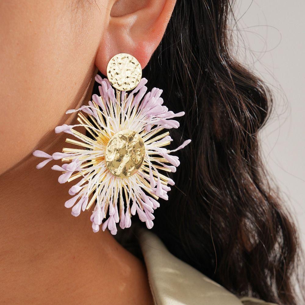 Round Shape Dangle Earrings Floral Design Drop Earrings Raffia Earrings  Photo Shoot