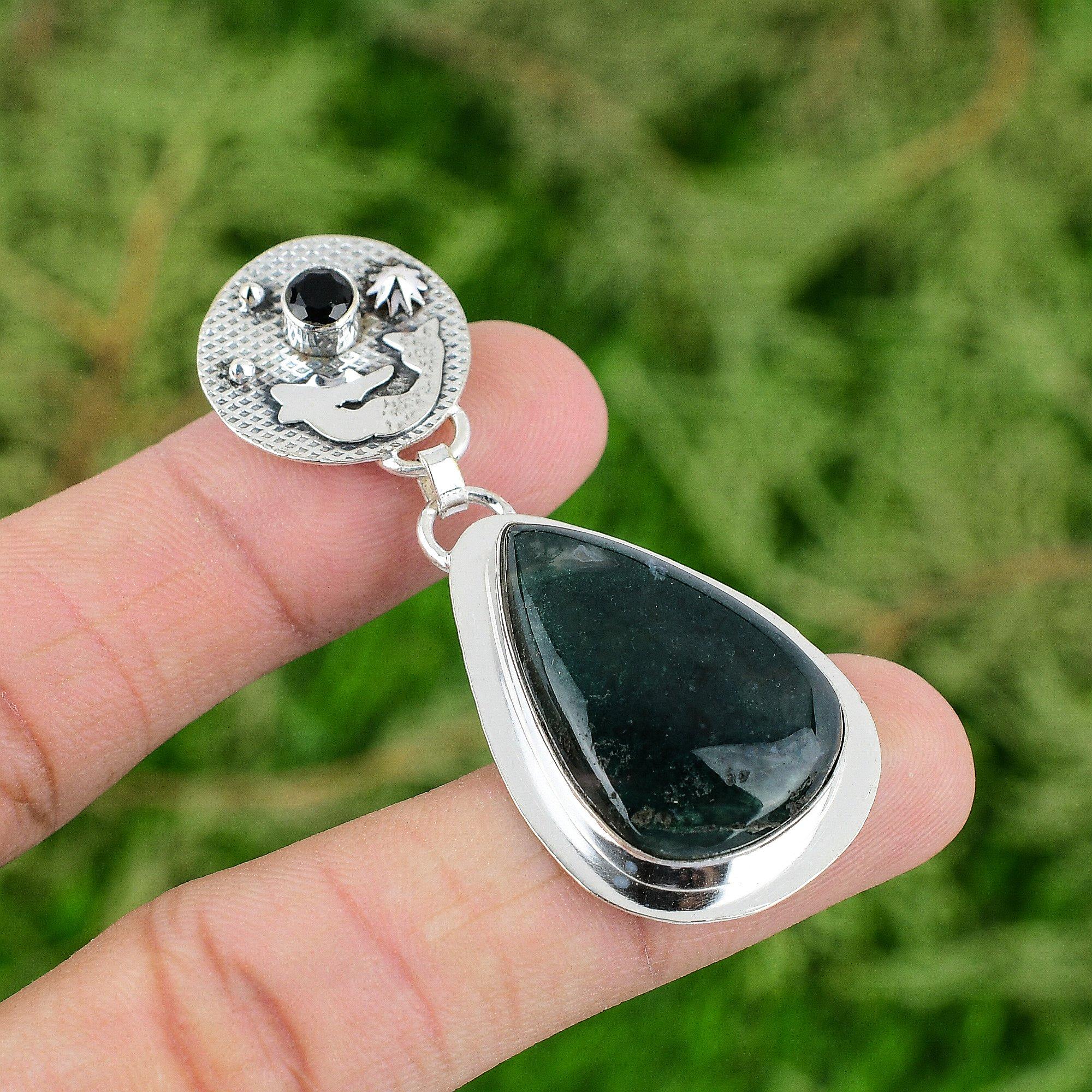 

925 Silver Natural Solar Moss Agate Black Onyx Mermaid Bezel Wedding New Pendant