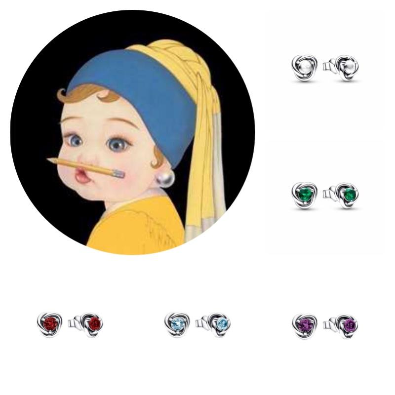 Panjia Pandora S925 Sterling Silver Earrings Geometric Shape Eternal Round Jewelry