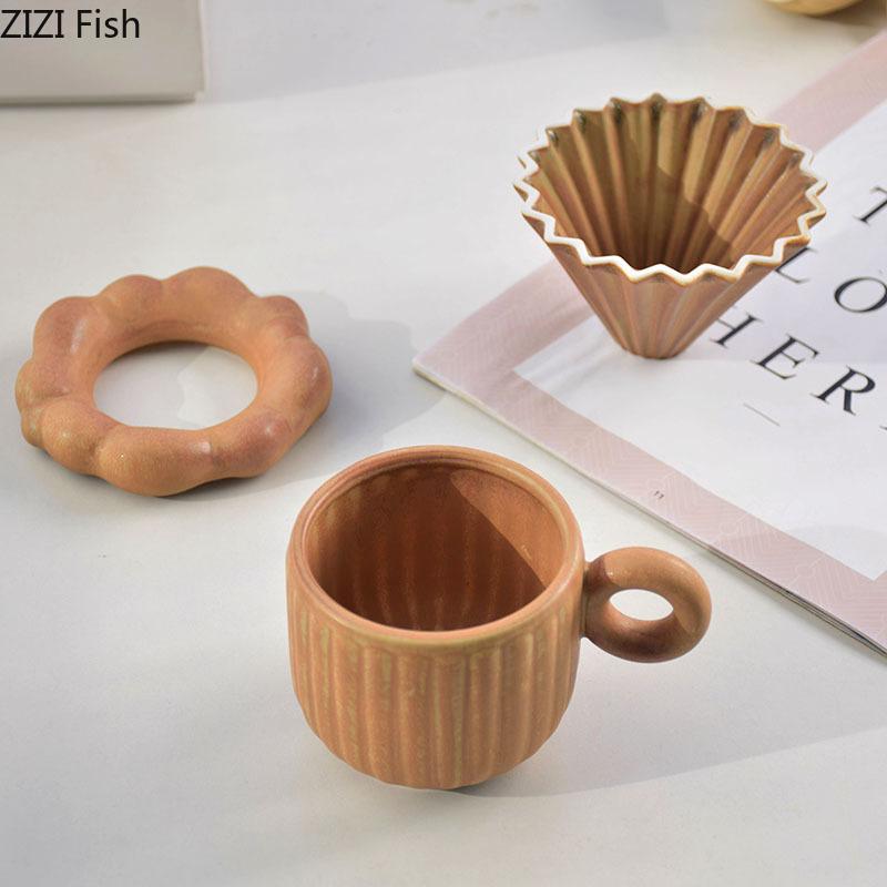 Vintage Kiln Glazed Porcelain Cup&saucer 250ml Coffee Mug Home Dining Table Milk Mugs Afternoon Tea Teacup Fruits Juice Cup