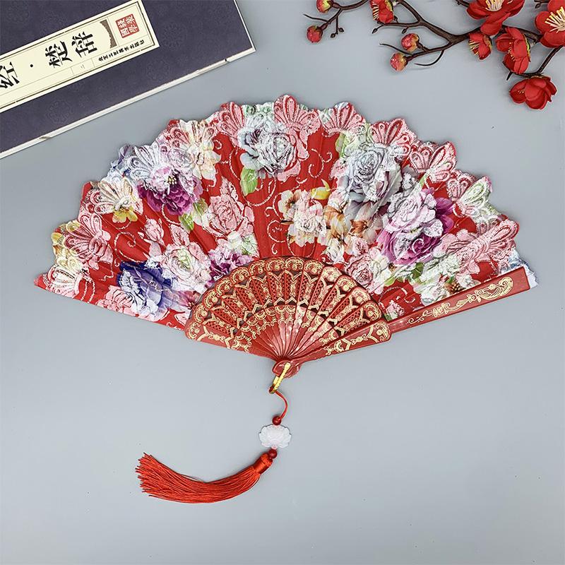 1PC Silk Fan Decoration Fans Floral Pattern Dance Tassel Vintage Folding Fan Hand Fan