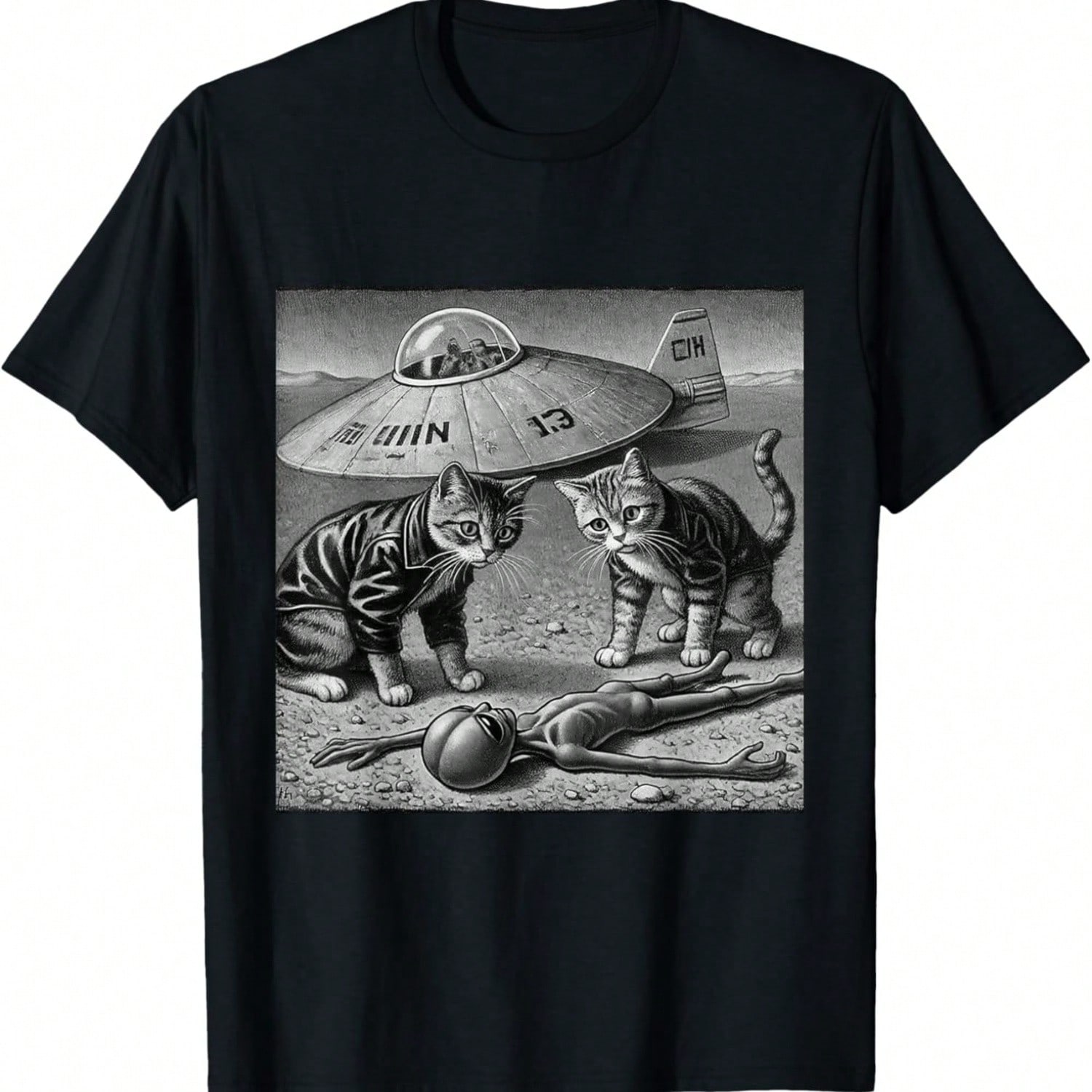 Funny UFO Alien Crash Weird Cat Meme Men Women S T-Shirt S разноцветный
