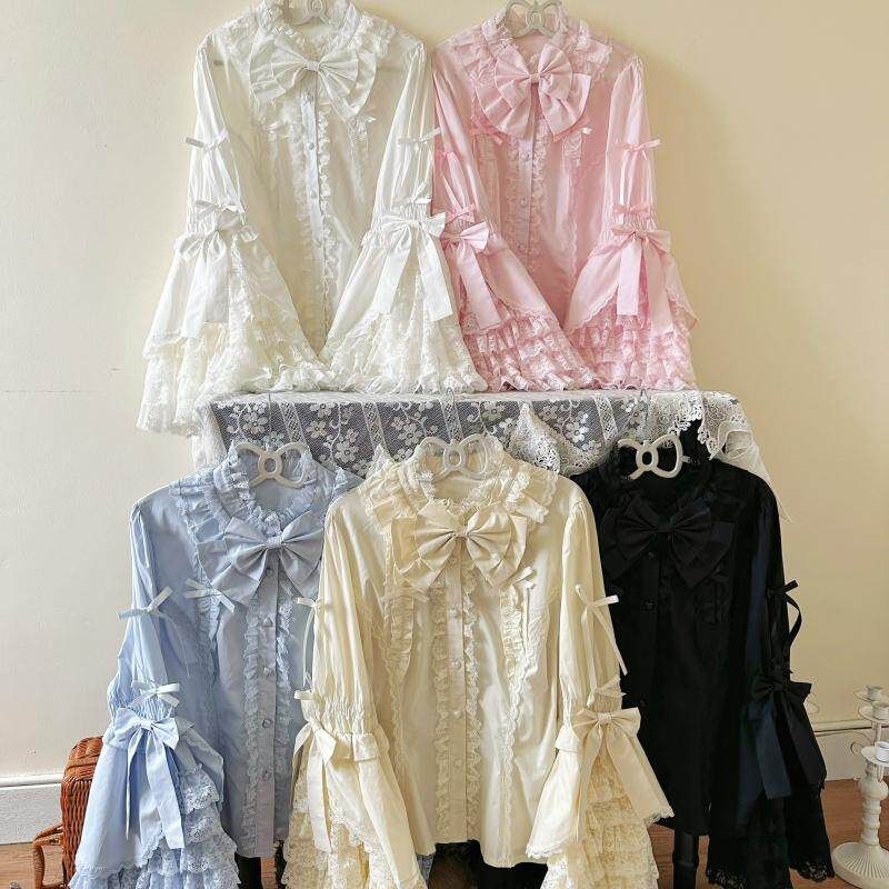 Artículos Originales Genuinos Primavera y Otoño Talla Grande Lolita Camisa Manga de Ji Grande con Sensación de Muñeca Elegancia Hermosa Blusa Femenina para Mujeres de Figura Completa