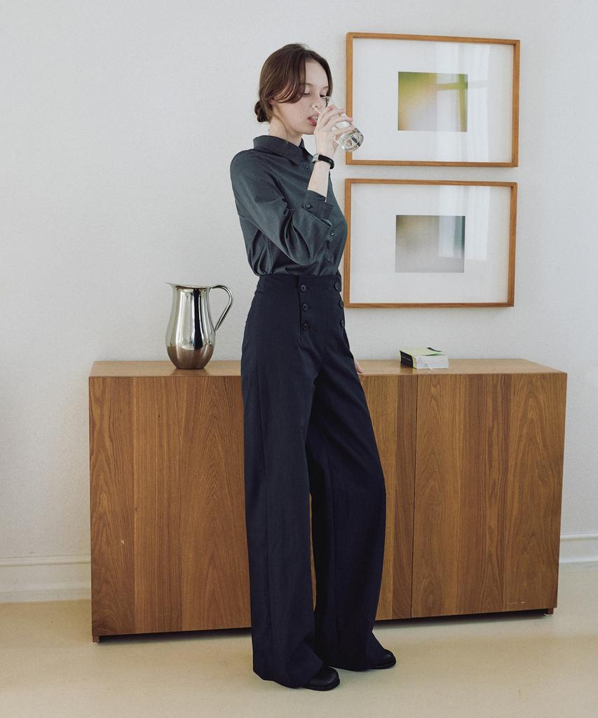 Ibokeuela Linear Button Wide Cotton Pants(Navy)