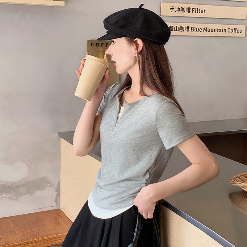 

Женская летняя футболка с коротким рукавом, имитирующая двойку, с открытыми плечами, в корейском стиле, приталенная и тонкая базовая футболка L серый