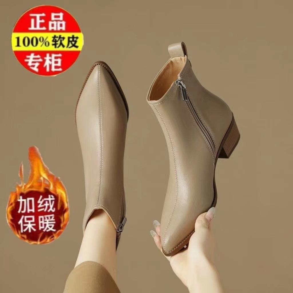 New British Style Retro Versatile Pointed Leather Short Boots with Thick Heels and Autumn/winter Velvet Fashion Boots for Women