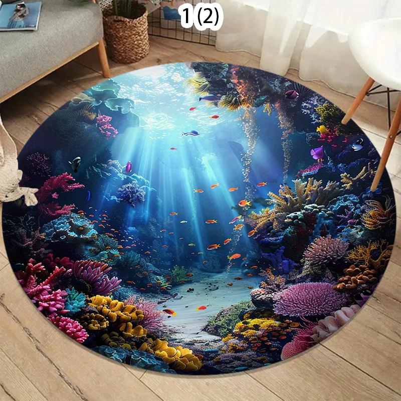 Vibrant Coral Reef Dolphin Underwater Round Area Rug Colorful Marine Pattern Non-Slip Floor Mat for Living Rooms Kids' Play Area