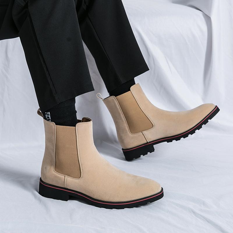 Fashion British Style Brown Men's Chelsea Boots Fashion High Top Leather Ankle Boots Man Slip-on Pointed Toe Boots For Men Elegant Shoes